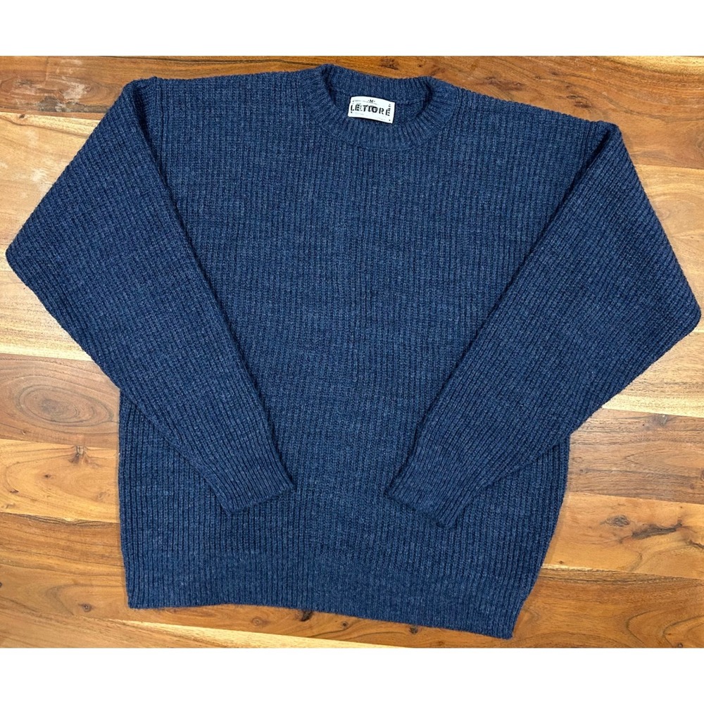 Le Tigre Vintage Mens Blue Ribbed Crewneck Sweater Size M Made in USA Pullover